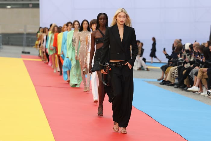 Gigi Hadid and models walk the runway during the Stella McCartney Womenswear Spring/Summer 2023 show as part of Paris Fashion Week.